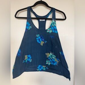 Garage Floral Racerback Tank Top Handkerchief Hem Blue Rayon Size Medium